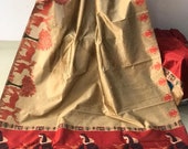 FREE SHIPPING_Ethnic Beige Banglori Raw Silk Saree With Kalamkari Wooven Pallu With Plain Contrast Blouse Wedding Wear Indian Women Sari