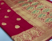 FREE SHIPPING_Ethnic Red Banglori Raw Silk Saree With Kalamkari Wooven Pallu With Plain Contrast Blouse Wedding Wear Indian Women Sari