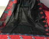 FREE SHIPPING_Ethnic Black Banglori Raw Silk Saree With Kalamkari Wooven Pallu With Plain Contrast Blouse Wedding Wear Indian Women Sari