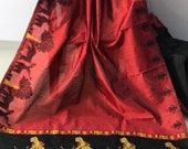 FREE SHIPPING_Ethnic Red Banglori Raw Silk Saree With Kalamkari Wooven Pallu With Plain Contrast Blouse Wedding Wear Indian Women Sari