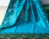 FREE SHIPPING_Ethnic Blue Banglori Raw Silk Saree With Kalamkari Wooven Pallu With Plain Contrast Blouse Wedding Wear Indian Women Sari