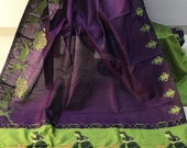 FREE SHIPPING_Ethnic Purple Banglori Raw Silk Saree With Kalamkari Wooven Pallu With Plain Contrast Blouse Wedding Wear Indian Women Sari