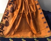FREE SHIPPING_Ethnic Golden Banglori Raw Silk Saree With Kalamkari Wooven Pallu With Plain Contrast Blouse Wedding Wear Indian Women Sari