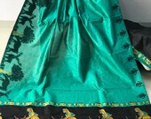 FREE SHIPPING_Ethnic Green Banglori Raw Silk Saree With Kalamkari Wooven Pallu With Plain Contrast Blouse Wedding Wear Indian Women Sari