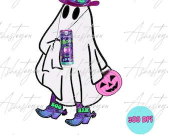 May include: A cartoon ghost wearing a purple cowboy hat with "BOO-JEE" text, holding a can and a pink jack-o'-lantern. The ghost has "BOO" on one boot and "HAW" on the other. The can has a purple and green design.
