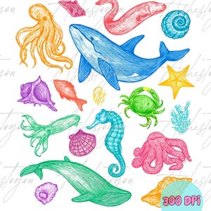 May include: A collection of colorful, hand-drawn sea creatures, including a blue whale, orange octopus, green crab, and a yellow starfish. Other sea life includes a seahorse, fish, and various seashells. The image has a white background.