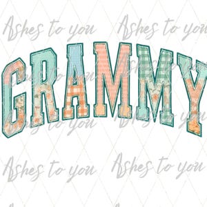 May include: The word "GRAMMY" in a curved, collegiate-style font. Each letter is filled with a different pattern: floral, plaid, and a watercolor effect. The letters are outlined in teal, with a white background.