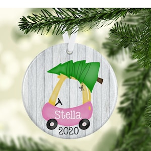 Personalized Kids Christmas Ornament- Little Pink Car with Tree- Wood Background-Girls- Toddler- Baby- Custom- Cute