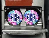 Monogram Car Coasters - Personalized- Lilly Inspired- Summer- Initials- Custom- Pink and Green Floral- Jungle