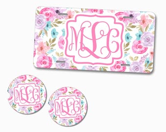 Personalized White Floral Car Tag  -Watercolor Car Coasters Set- Personalized Monogram License Plate - Custom- Car Accessories- Gift-