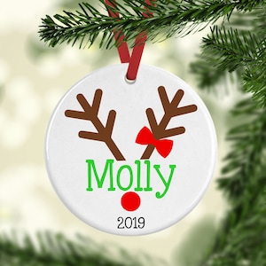 Personalized Kids Christmas Ornament- Girl Antlers with Name- Toddler- Baby Cute- Reindeer with Bow