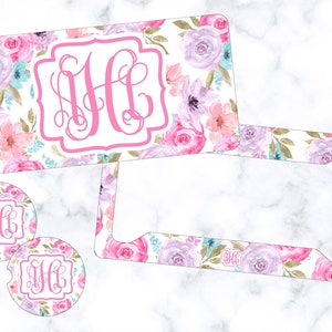 Personalized White Floral Car Tag  -Watercolor Car Coasters Set- Frame Personalized Monogram License Plate - Custom- Car Accessories- Gift-