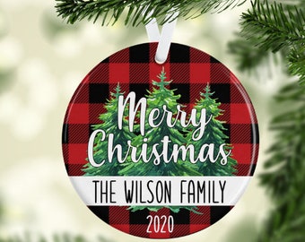 Personalized Christmas Ornament- Watercolor Trees-Family Ornament- Buffalo Plaid- Custom- Gift