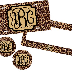 Monogram Leopard Car Tag and Car Coasters- Personalized Leopard Print License Plate and Frame- Set- Custom- Car Accessories- Gift- 2021