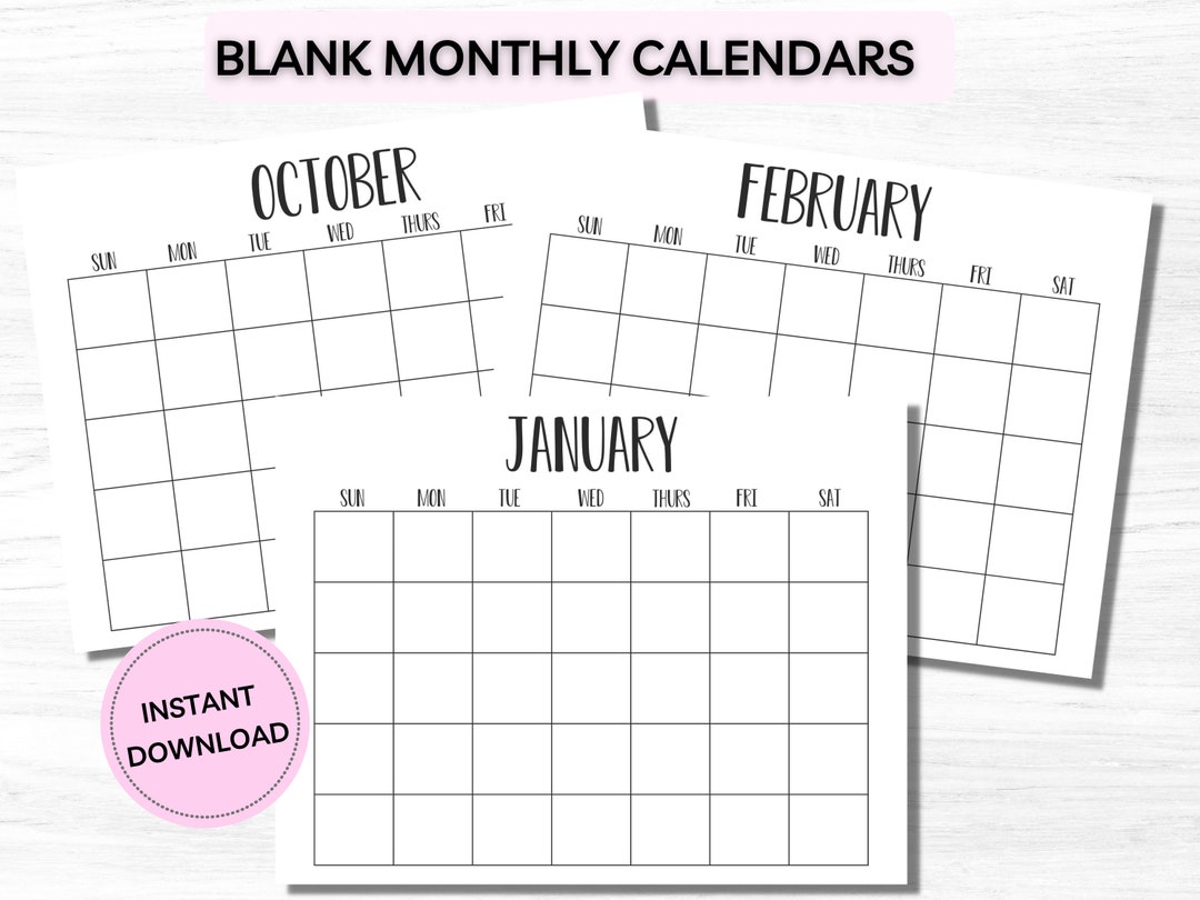 Printable Blank Monthly Calendar- Instant Download Birthday Calendar ...
