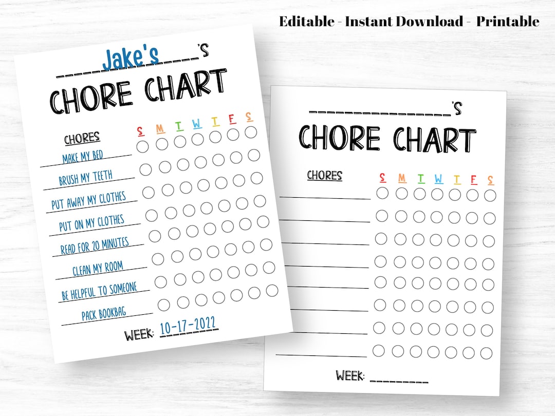 Printable Weekly Chore Chart for Kids-editable Daily Responsibility ...