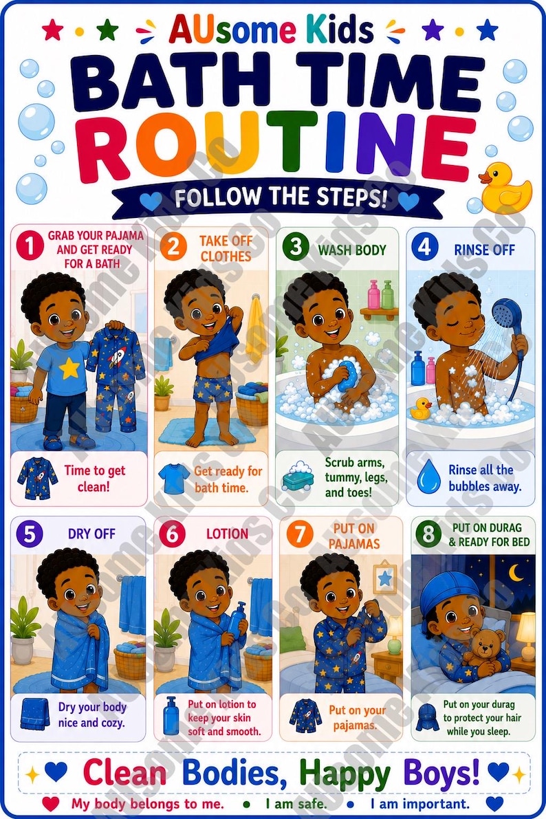 Pyjamas Routine Boy Bath Time Routine Chart | Visual Steps for Toddlers, Autism ...