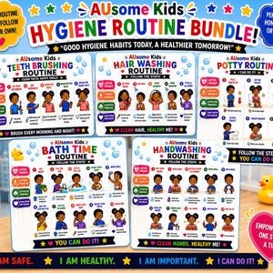 Op de afbeelding: AUsome Kids Hygiëne Routine Bundel met kleurrijke illustraties. Bevat kaarten voor tandenpoetsen, haar wassen, zindelijkheidstraining, badtijd en handen wassen. Elke kaart heeft stapsgewijze instructies met tekst als "Ik ben veilig" en "Ik kan het!"