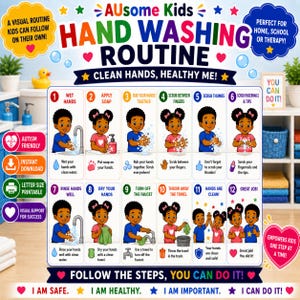 May include: A colorful hand washing routine chart for kids, featuring illustrated steps with text. The chart includes instructions for each step, from wetting hands to drying them, with the text "AUsome Kids Hand Washing Routine".