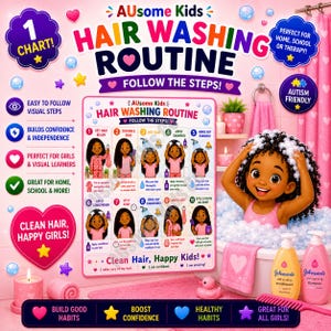 May include: A colorful illustration promoting a hair washing routine for children. The image features a chart with steps, a girl in a bathtub, and bottles of shampoo and conditioner. Text includes "Clean Hair, Happy Girls!" and "Autism Friendly."