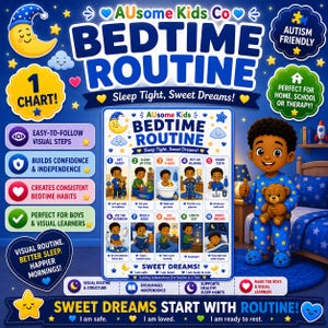 May include: A blue educational bedtime routine chart for children featuring ten illustrated steps, including getting ready, cleaning toys, bathing, putting on pajamas, brushing teeth, using the bathroom, reading, praying, lights out, and sleeping.