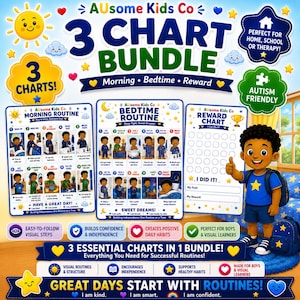 May include: A 3-chart bundle by AUsome Kids Co featuring a morning routine chart, a bedtime routine chart, and a reward chart. The charts include colourful illustrations of daily tasks, text labels, and a cartoon character giving a thumbs up.