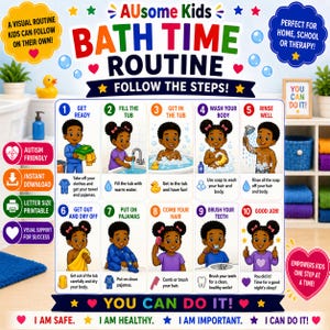 May include: A vibrant "Bath Time Routine" chart for children, with illustrated steps and text instructions. The chart includes steps such as "Get Ready," "Fill the Tub," and "Brush Your Teeth." The phrase "You Can Do It!" is a key element of the design.