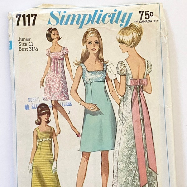 1960s VINTAGE SIMPLICITY PATTERN #7117 | Mod Evening Dress Gown Junior Size 11 (X-Small)