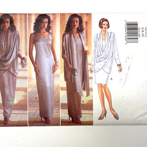 May include: A sewing pattern for a dress with a draped neckline. The pattern is from Butterick and is for sizes 6-8-10. The pattern is called "Fast & Easy".