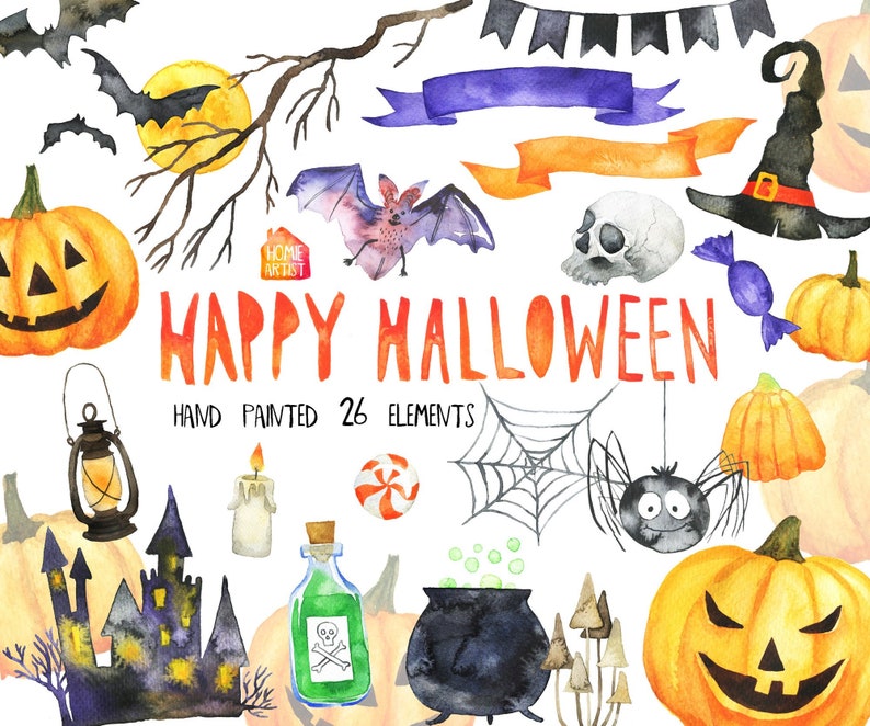 Watercolor Clipart Halloween Clipart Fall Clip Art Bats Etsy