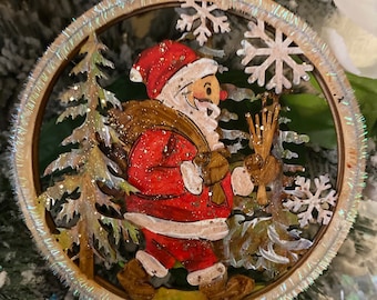 5” Double sided Wooden Santa /Reindeer stained and hand painted Christmas Ornament