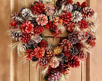 16” Heart pinecone wreath, coral, pink and reds