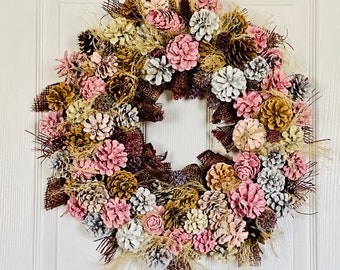 18" Natural pinecone wreath with pink, brown and white,  Mother’s Day