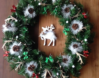 White Reindeer with Antlers Wreath, Rustic, Holiday Wreath, Enchanted Point