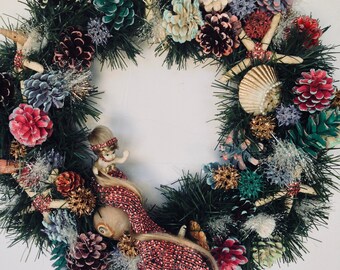 18" Red or Blue Blonde Mermaid Pine Cone Wreath, Seashells and Star fish, All Occasion Wreath, Home Decor, Gift, Summer Wreath