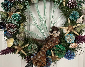 18"  Brunette Mermaid Wreath, seashore , starfish,  seashells,  summer wreath, etsy.com/shop/enchantedpoint