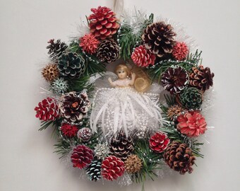 12" White Angel Pinecone Wreath, Floral Wreath, Home Decor, In Memory of, Gifts/ Enchanted Point