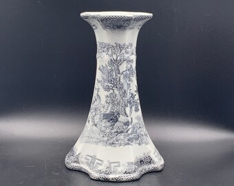 Large White and Black Ceramic Candlestick with Birds and Bunnies (1021)