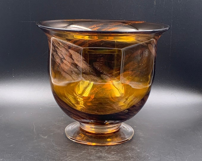 Vintage Amber Blown Glass Footed Bowl Vase With Gold Flecks 0821 Etsy