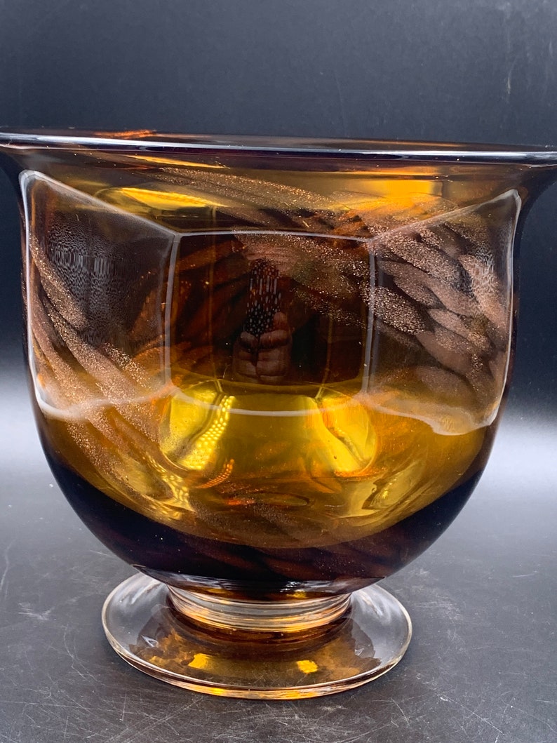Vintage Amber Blown Glass Footed Bowl Vase with gold flecks Etsy