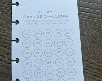 May include: A white printable savings challenge tracker with 30 circles, each containing a dollar amount to save. The text "30 Days Savings Challenge" is at the top of the page. The text "Save something consciously every day and paint over the circle" is below the title. The text "@theorganizedmoney" is at the bottom of the page.