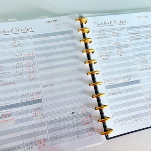 May include: A close-up of a two-page spread in a personal finance planner. The left page is titled "Paycheck Budget" and includes sections for income, bills, and expenses. The right page is also titled "Paycheck Budget" and includes sections for income, bills, and expenses. The planner is open to the pages for the weeks of May 8th to May 14th and May 12th to May 28th.