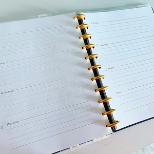 May include: A white planner with gold rings and tabs labeled "Daily", "Faith", "Work", and "Future". The planner has a weekly layout with space for notes and daily tasks. The days of the week are labeled "Monday", "Tuesday", "Wednesday", "Thursday", "Friday", "Saturday", and "Sunday".