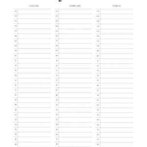 Op de afbeelding: Een zwart-witte printbare jaarplanner met secties voor januari, februari en maart. Elke maand heeft een genummerd raster voor elke dag van de maand.