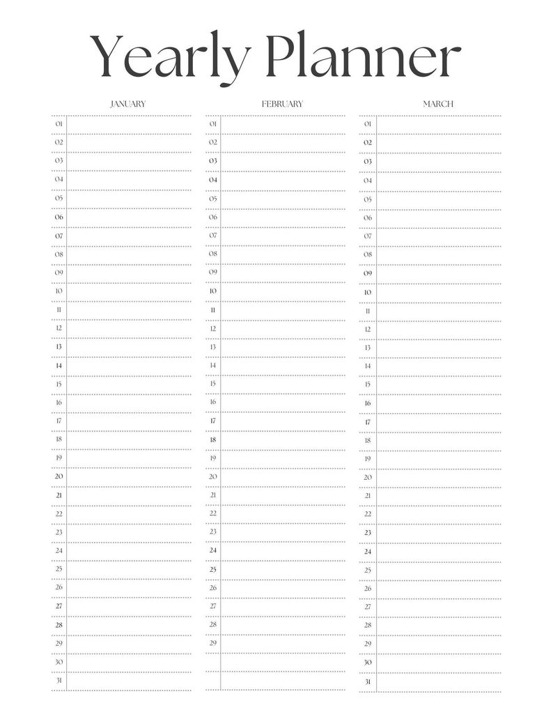Op de afbeelding: Een zwart-witte printbare jaarplanner met secties voor januari, februari en maart. Elke maand heeft een genummerd raster voor elke dag van de maand.