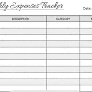 Puede incluir: Un rastreador de gastos mensuales imprimible con columnas para la fecha, la descripción, la categoría y el monto.