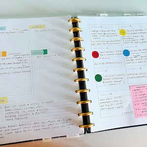 May include: A weekly planner with a black and white cover and gold rings. The planner is open to a page with a weekly schedule and a page with notes and ideas. The notes include "organize your life, work, and money on paper" and "make your budget realistic".