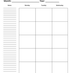 May include: A blank weekly planner template with sections for "Month", "Year", "Notes", "Monday", "Tuesday", and "Wednesday".