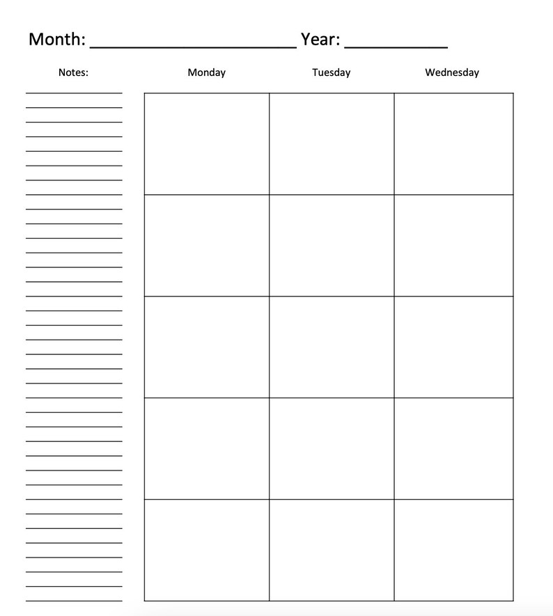 May include: A blank weekly planner template with sections for "Month", "Year", "Notes", "Monday", "Tuesday", and "Wednesday".