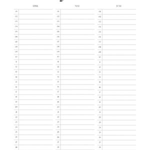 Op de afbeelding: Een zwart-witte printbare jaarplanner met drie kolommen met de labels April, Mei en Juni. Elke kolom heeft een genummerde lijst met dagen van 1 tot en met 31.